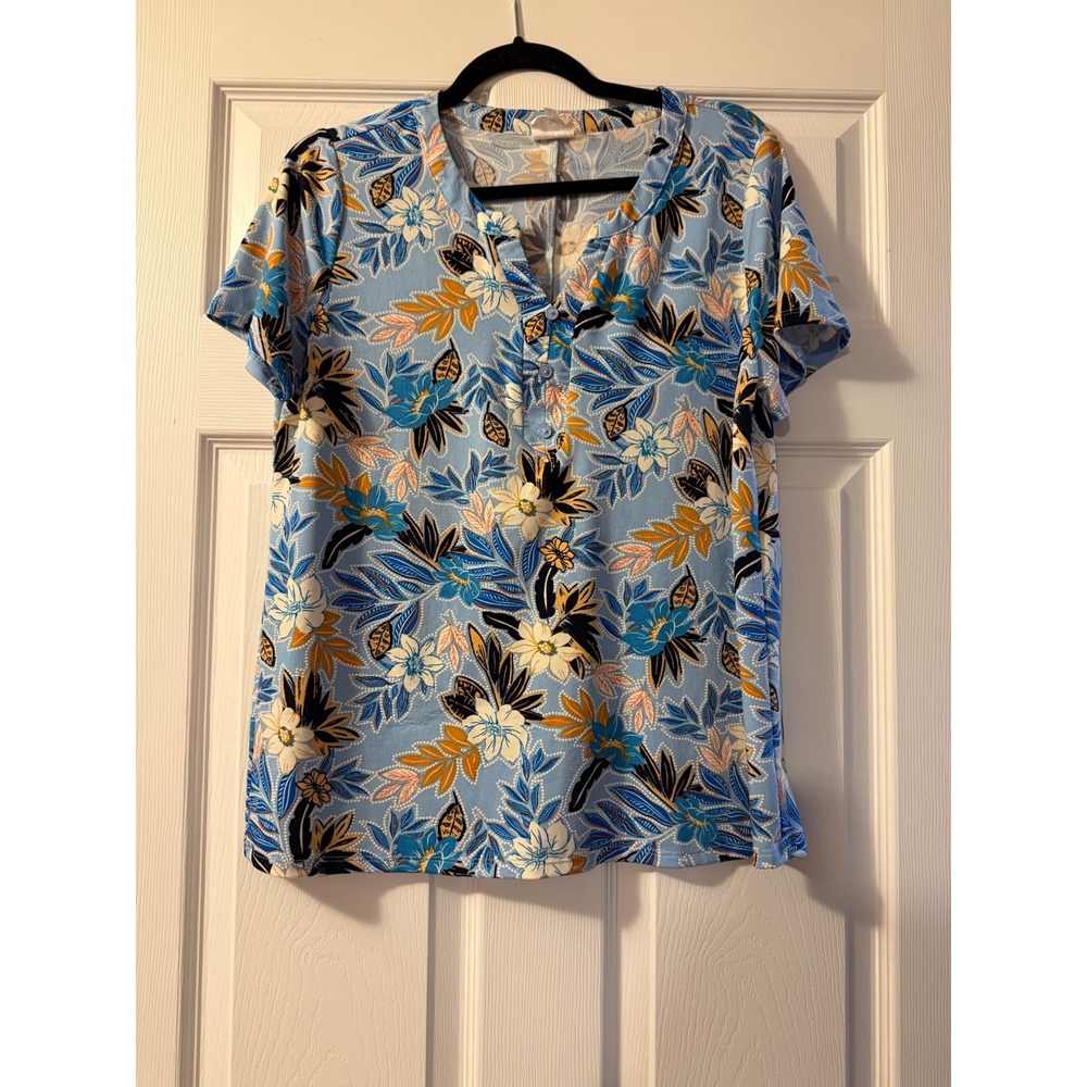 Late August Blue Floral Henley Blouse Short Sleeve V-Neck Top Size L